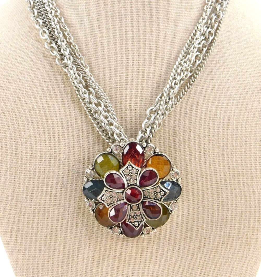 Multi Chain Faceted Acrylic Rhinestone Flower Pendant Necklace 17"
